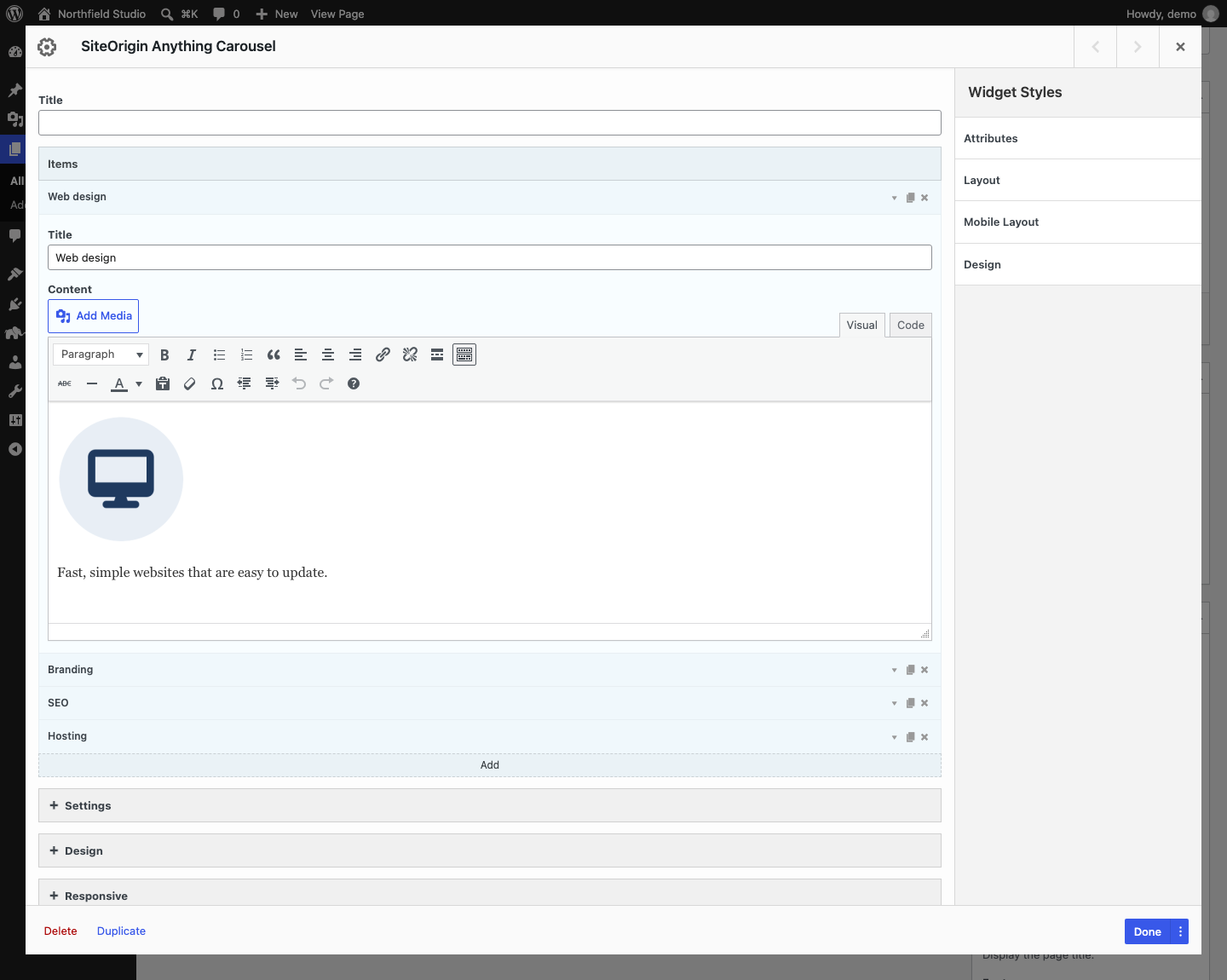 The Anything Carousel widget form with the Items repeater
