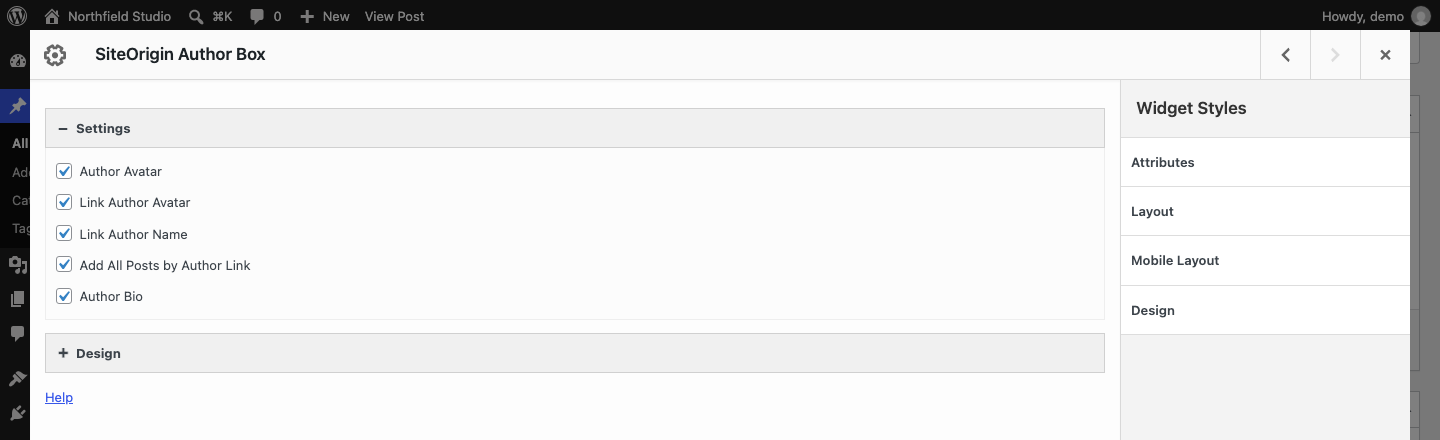 The Author Box widget form with the Settings section open