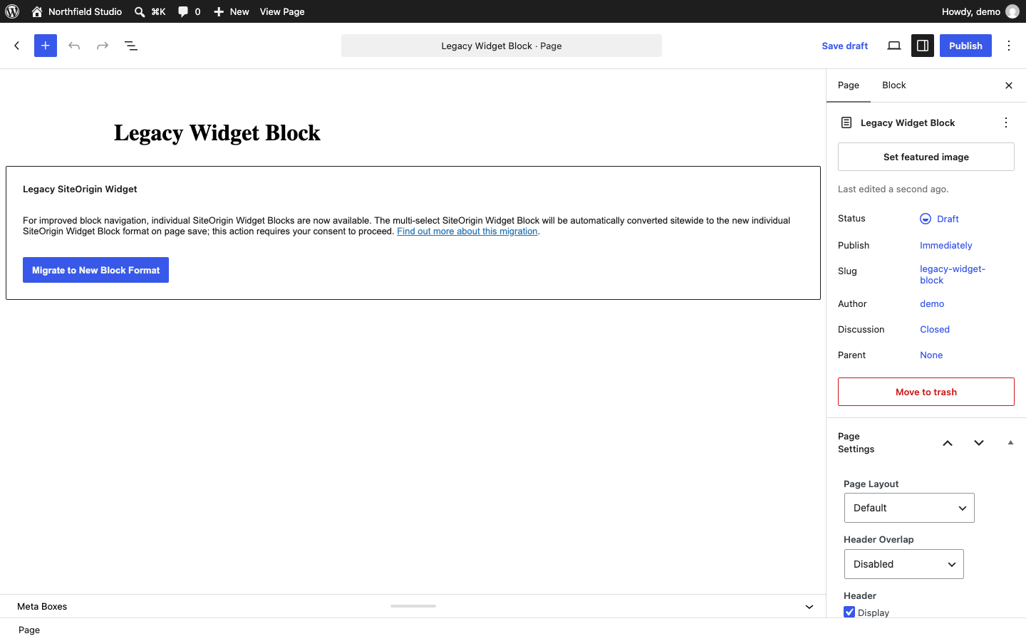 A legacy SiteOrigin Widgets Block with the Migrate to New Block Format button