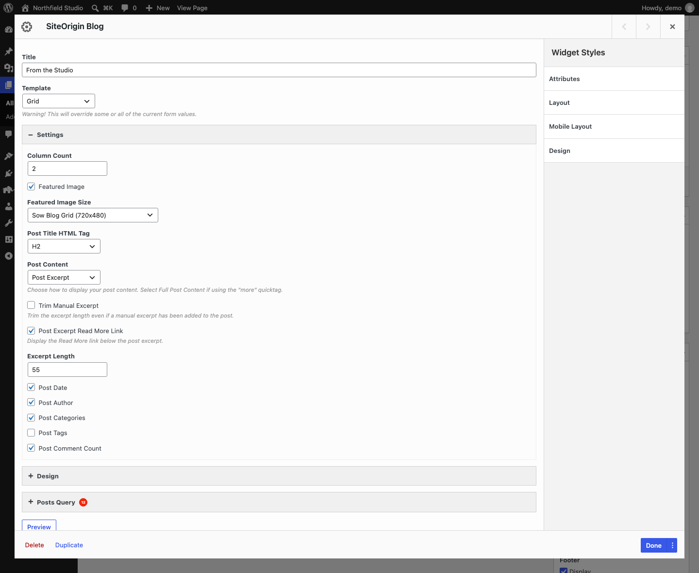 The Blog widget form with the Grid template and the Settings section open