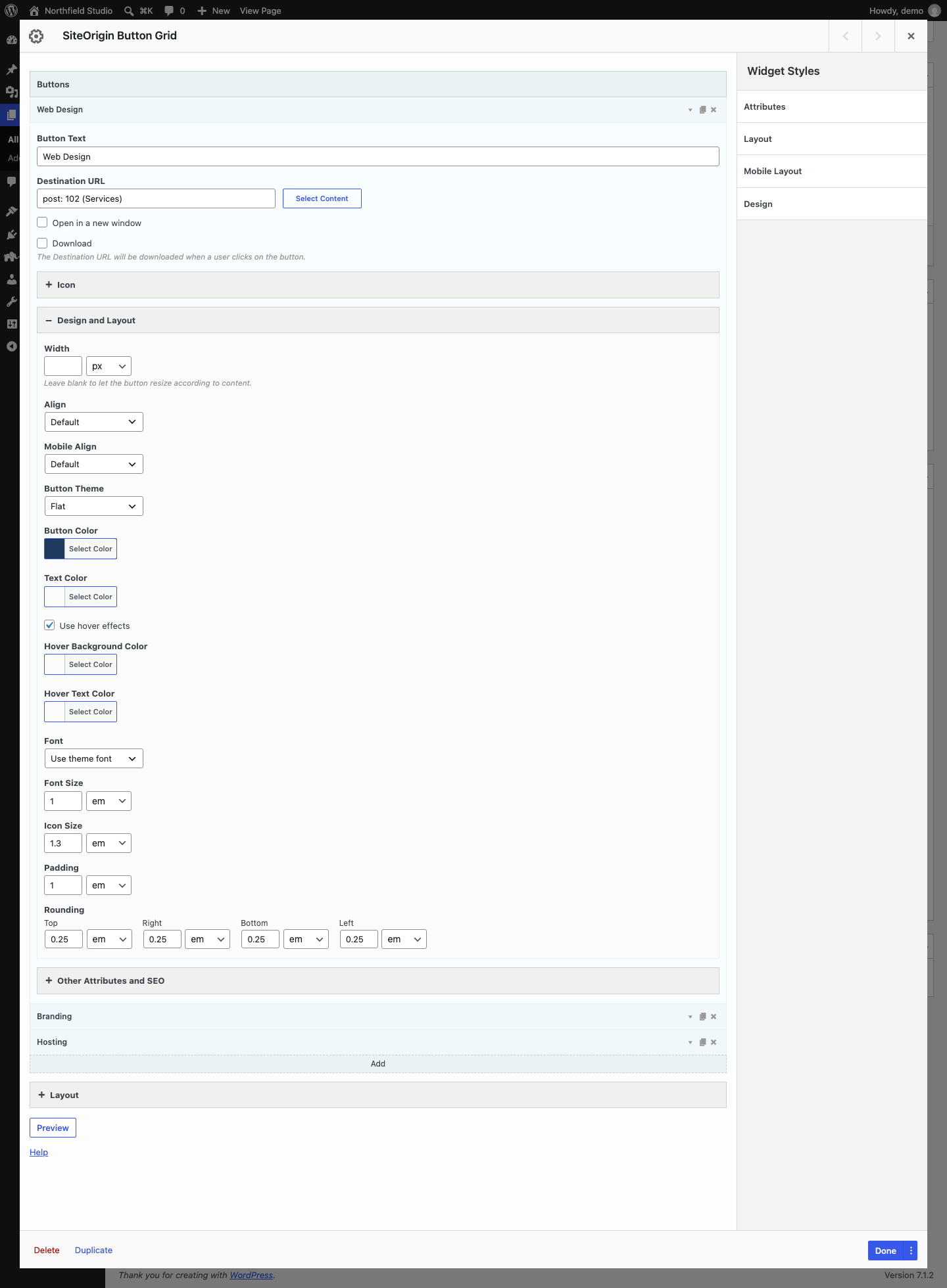 The Button Grid widget form with one button open