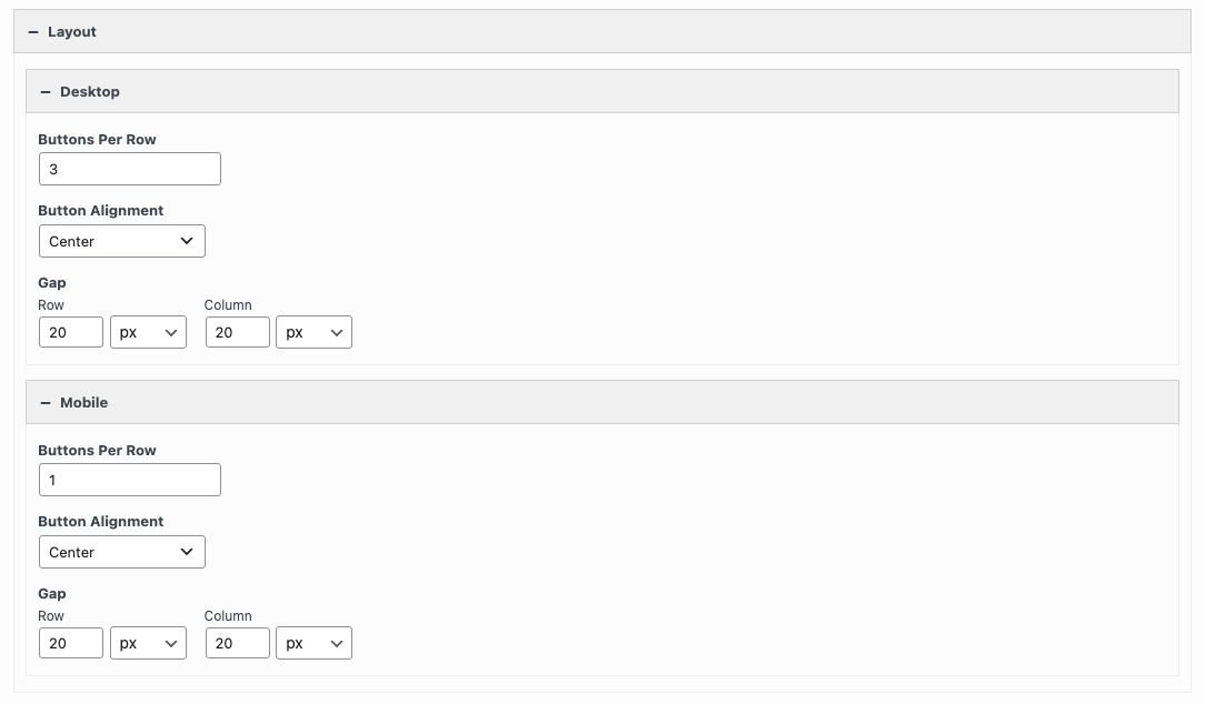 The Button Grid Layout section with Desktop and Mobile settings