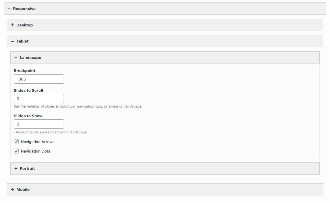 The Responsive section with the Tablet Landscape settings