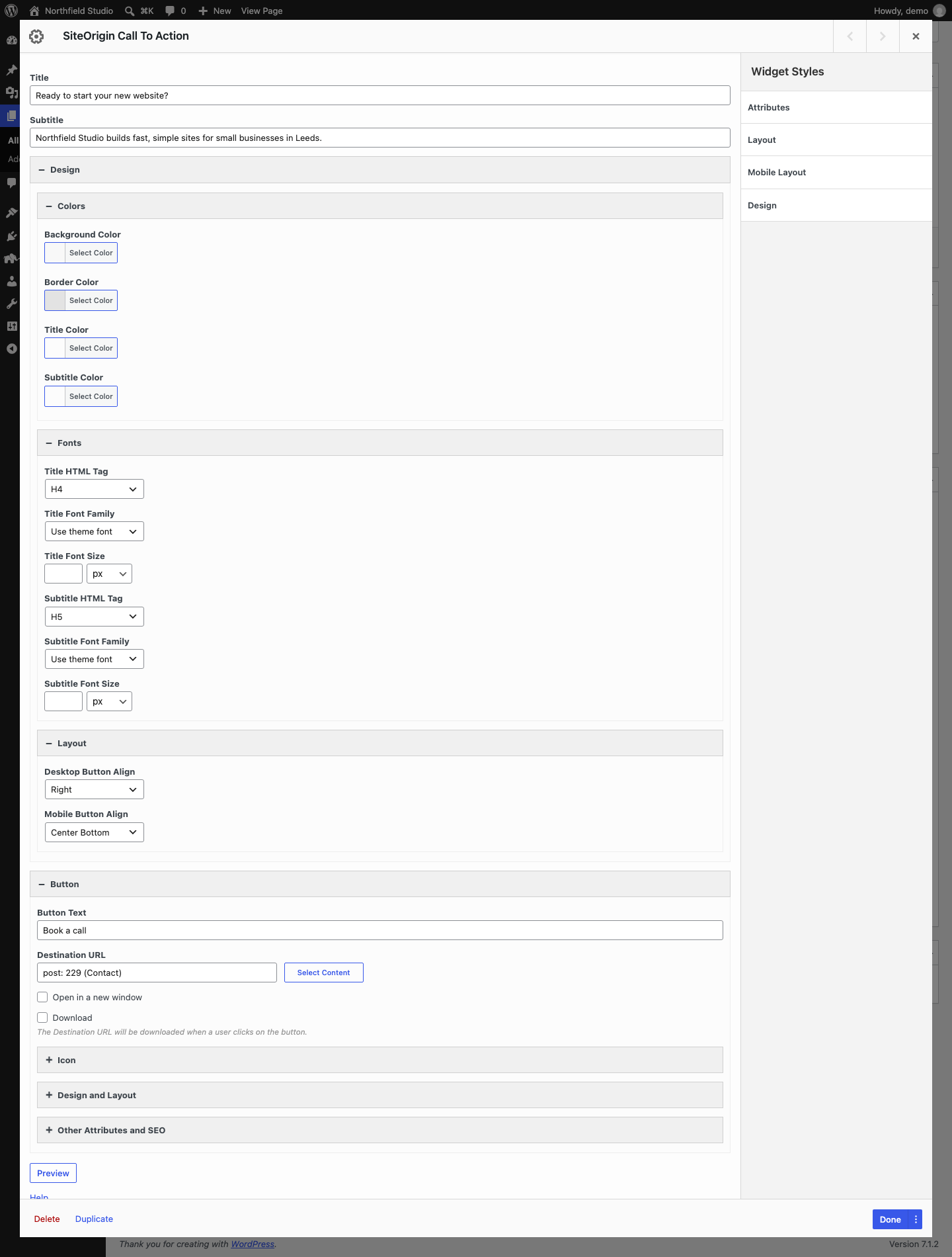 The Call To Action widget form with the Design and Button sections