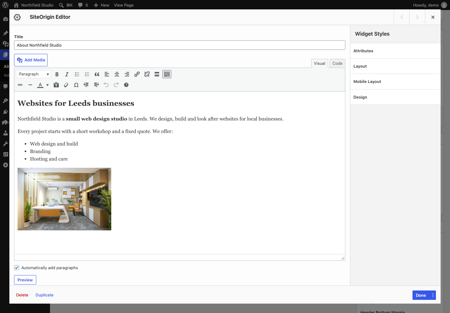 The Editor widget form on the Visual tab
