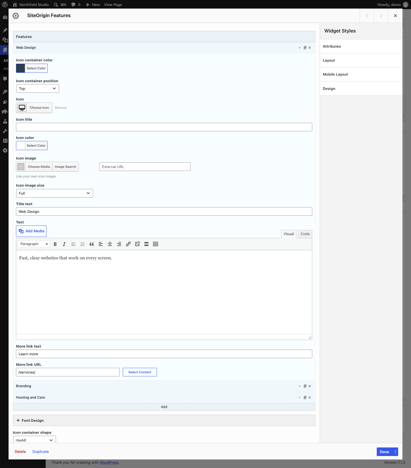 The Features widget form with one feature open