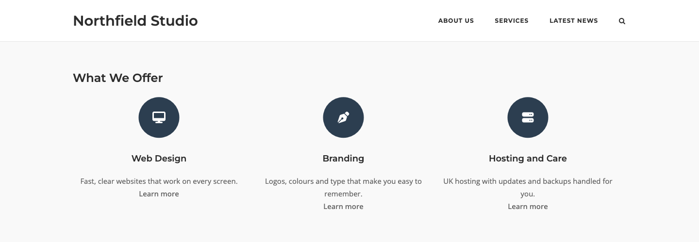 Three features with round icon containers on the front end