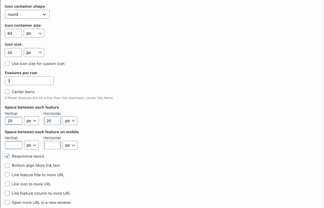 The Features widget layout settings