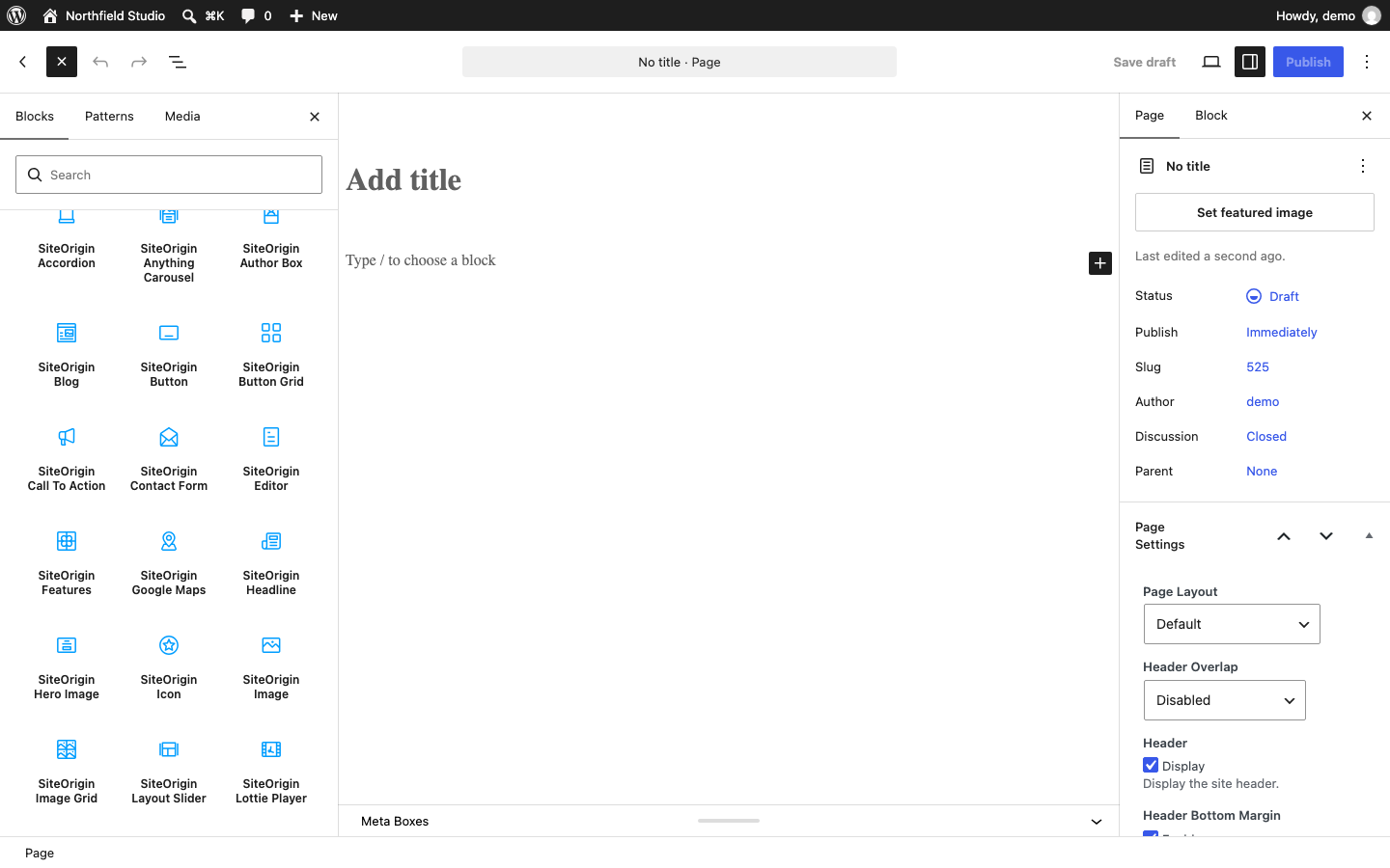 SiteOrigin blocks in the Block Editor inserter