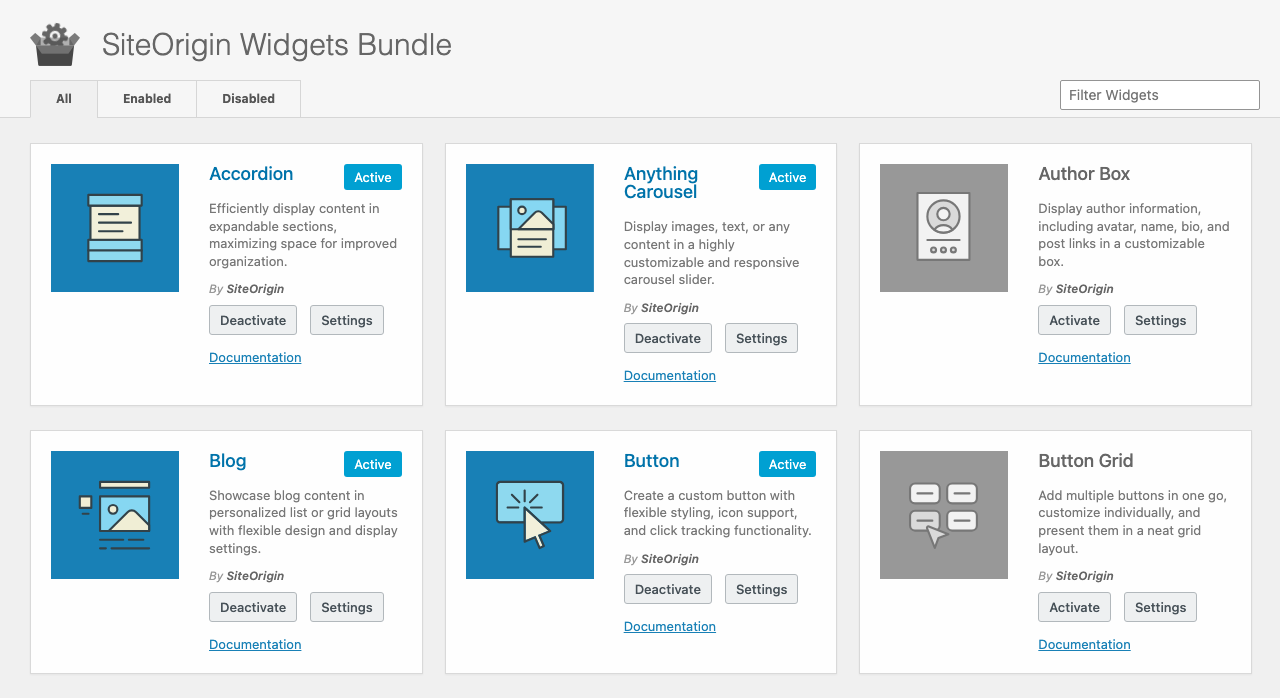 The SiteOrigin Widgets screen with widget cards