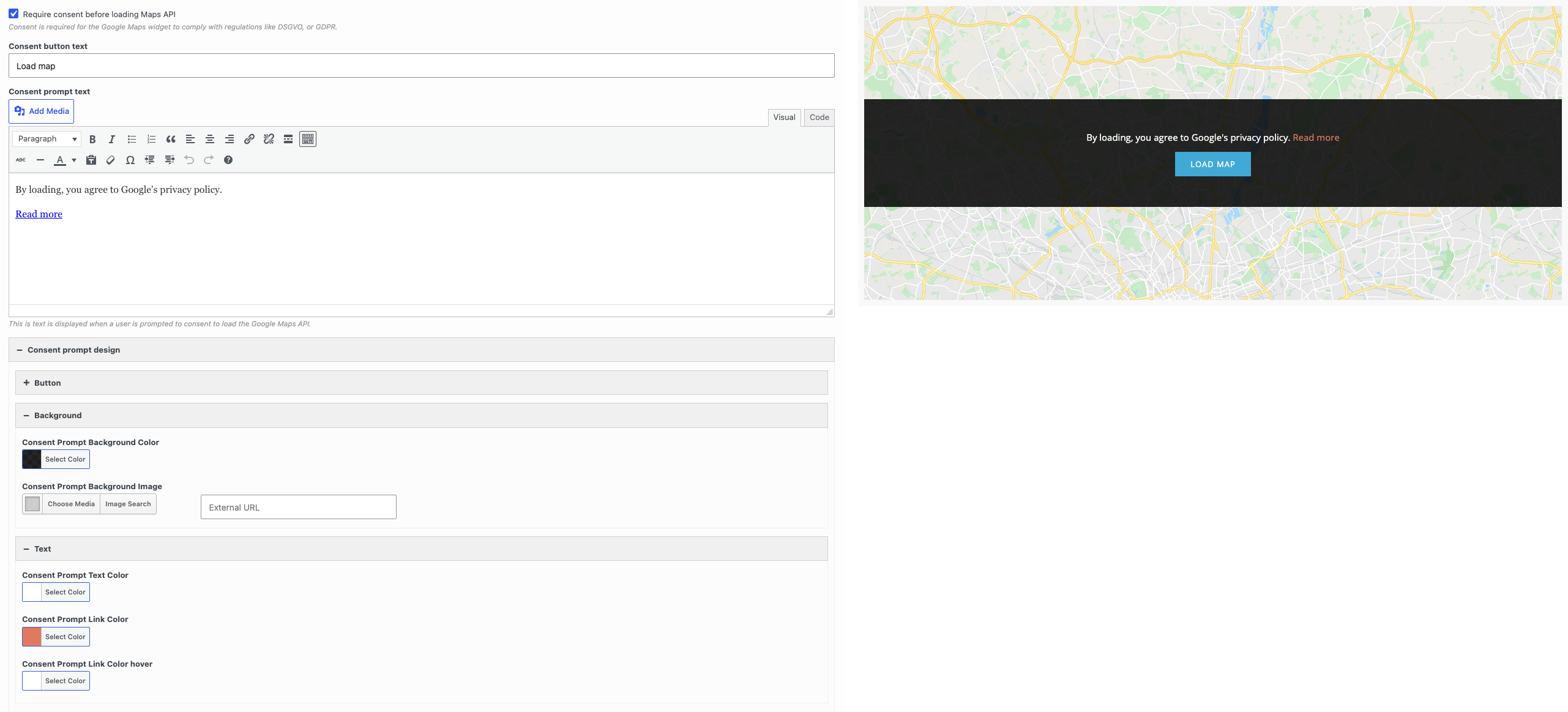 Premium consent settings for the Google Maps widget