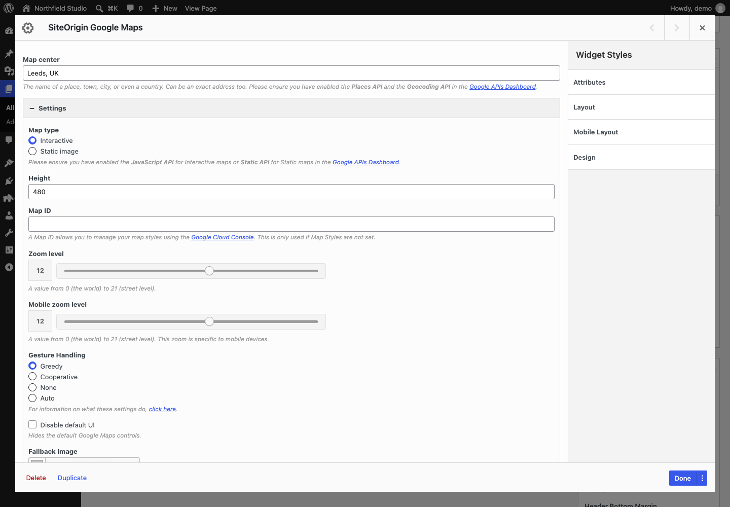 The Google Maps widget form with the Settings section open