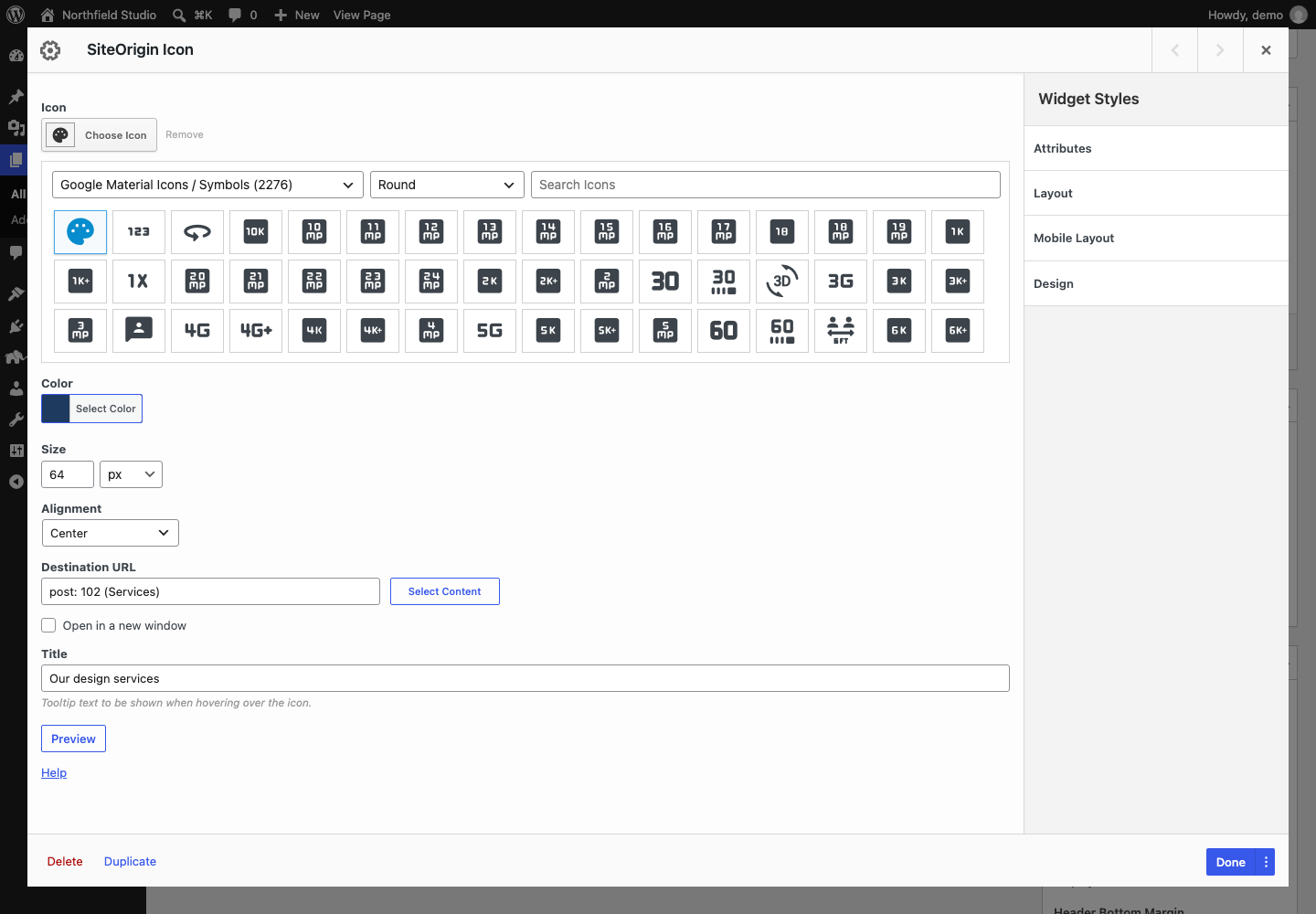 The Icon widget form with the icon picker open
