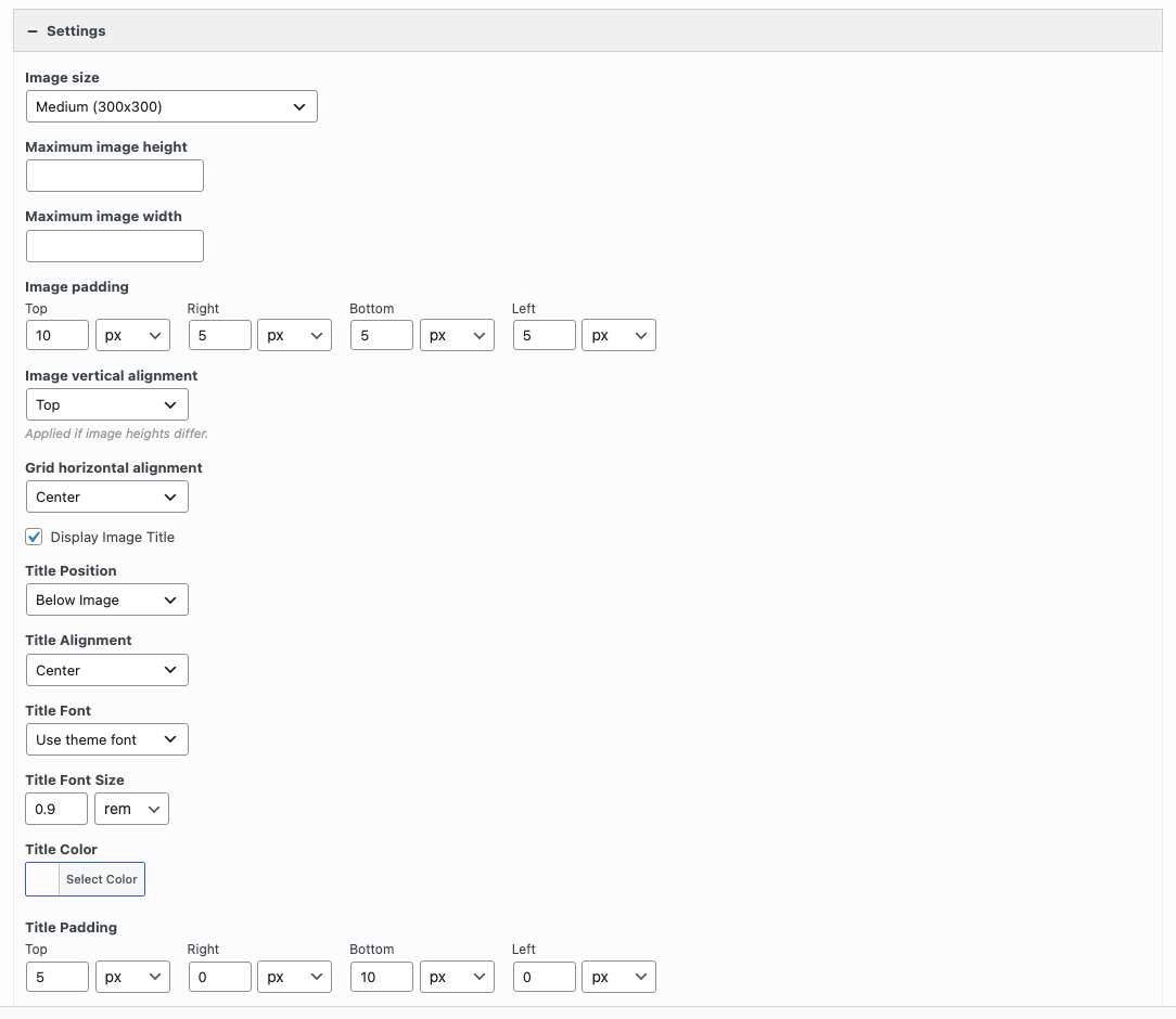 Image Grid settings with Display Image Title enabled