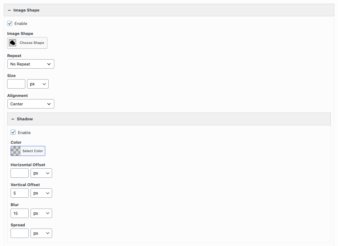 Premium image shapes and Shadow settings in the Image widget