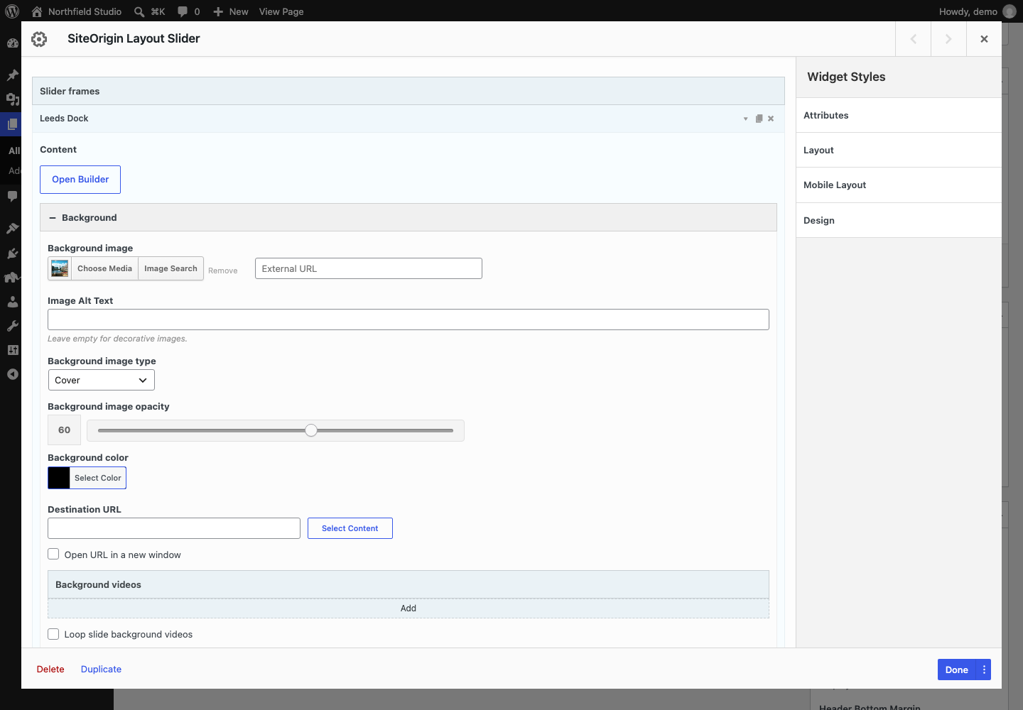 The Layout Slider widget form with Frame 1 open