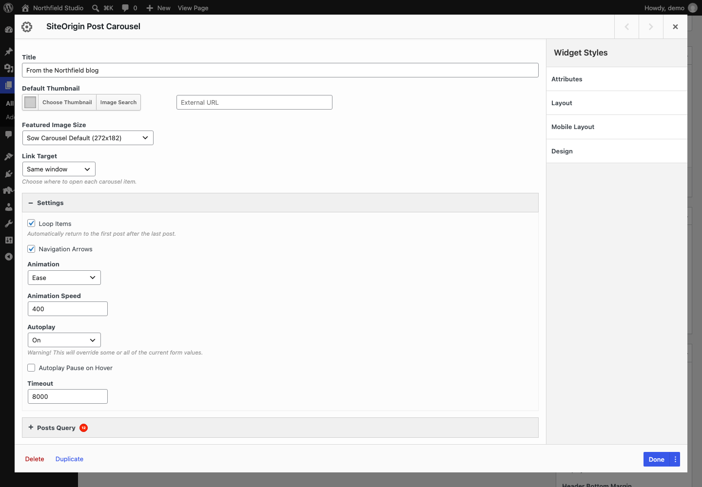 The Post Carousel widget form with the Settings section open