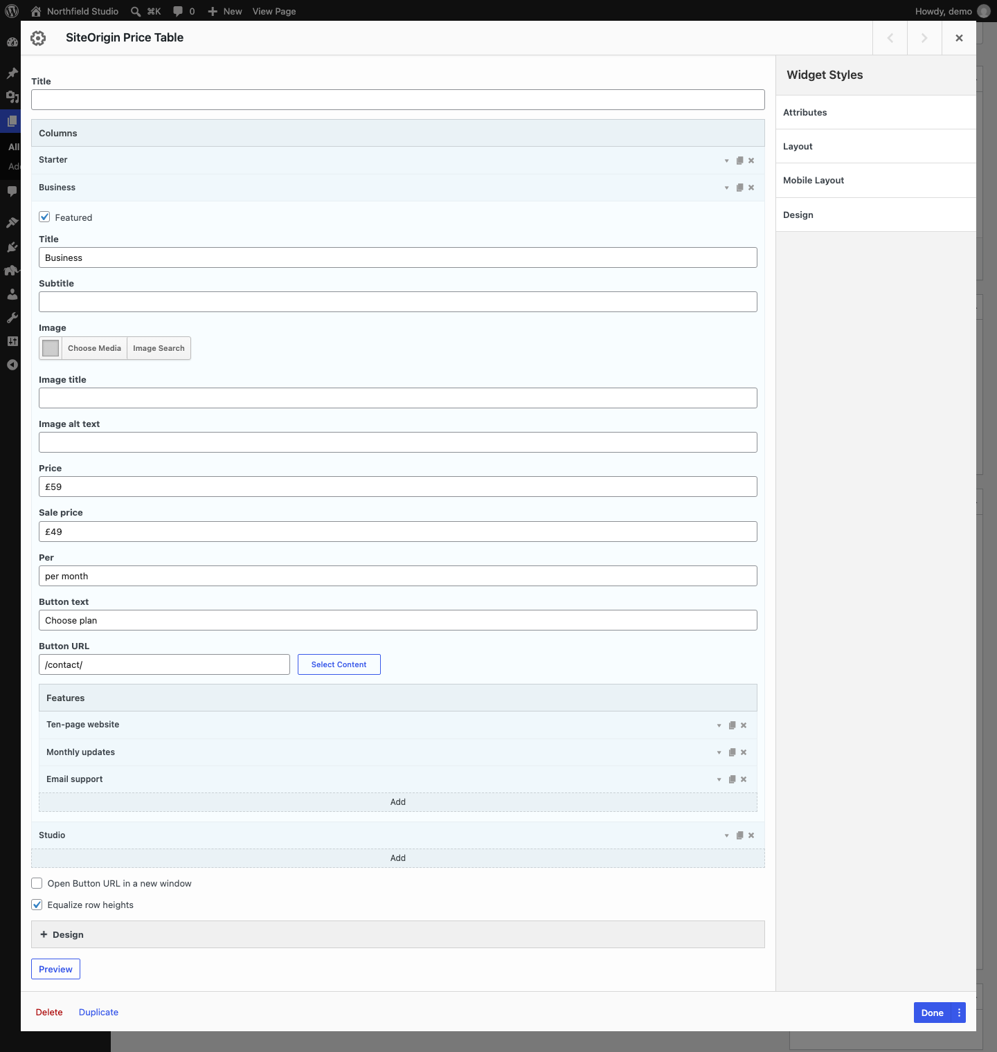 The Price Table widget form with one column open