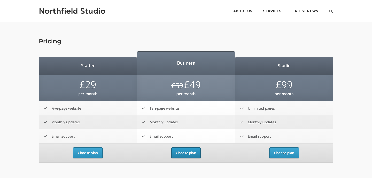 A three-column price table with a featured middle column