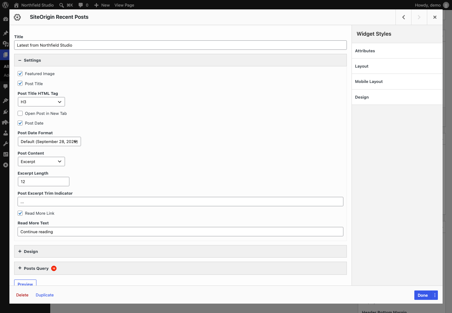 The Recent Posts widget form with the Settings section open