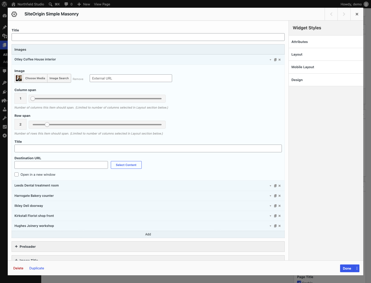 The Simple Masonry widget form with the Images repeater