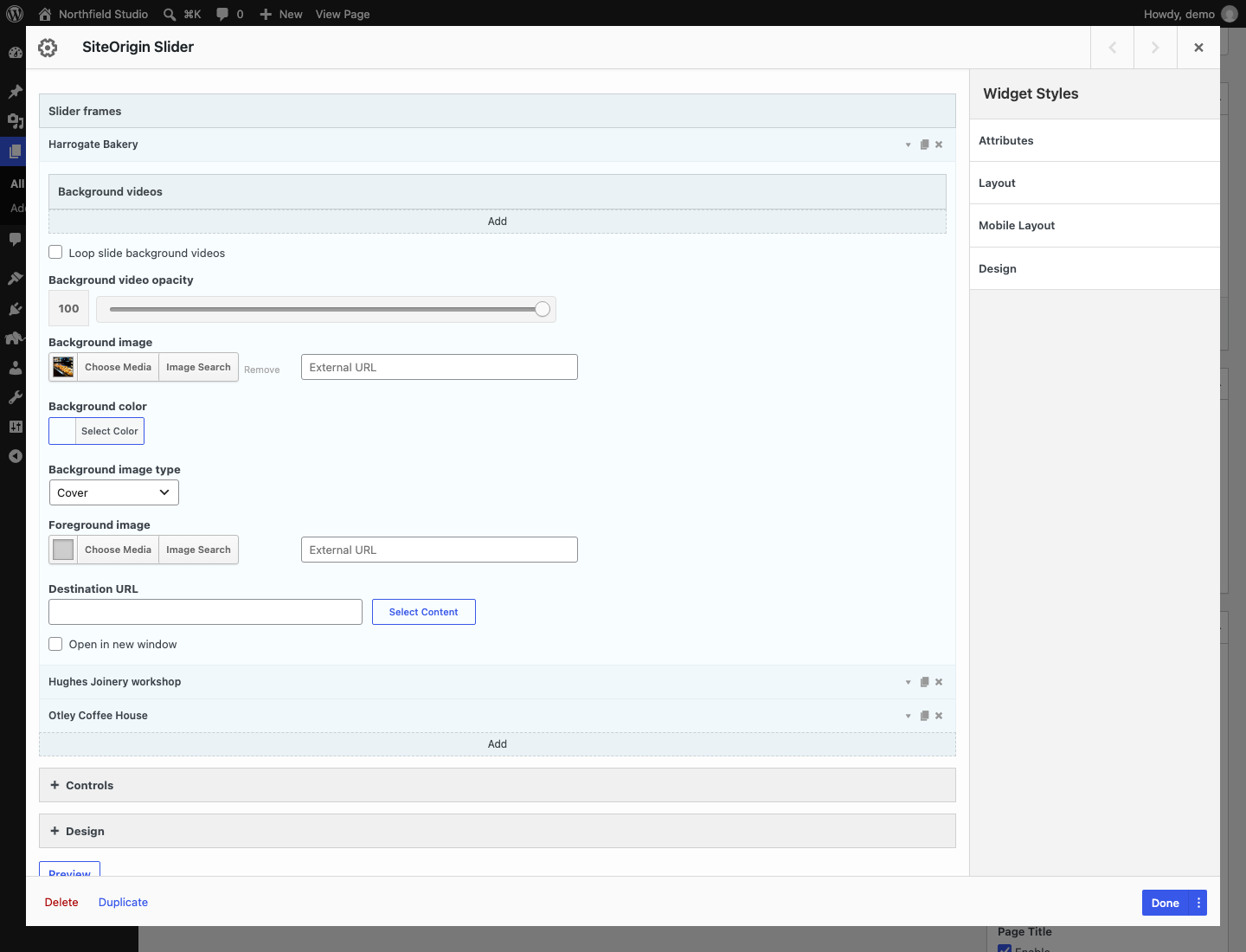 The Image Slider widget form with Frame 1 open