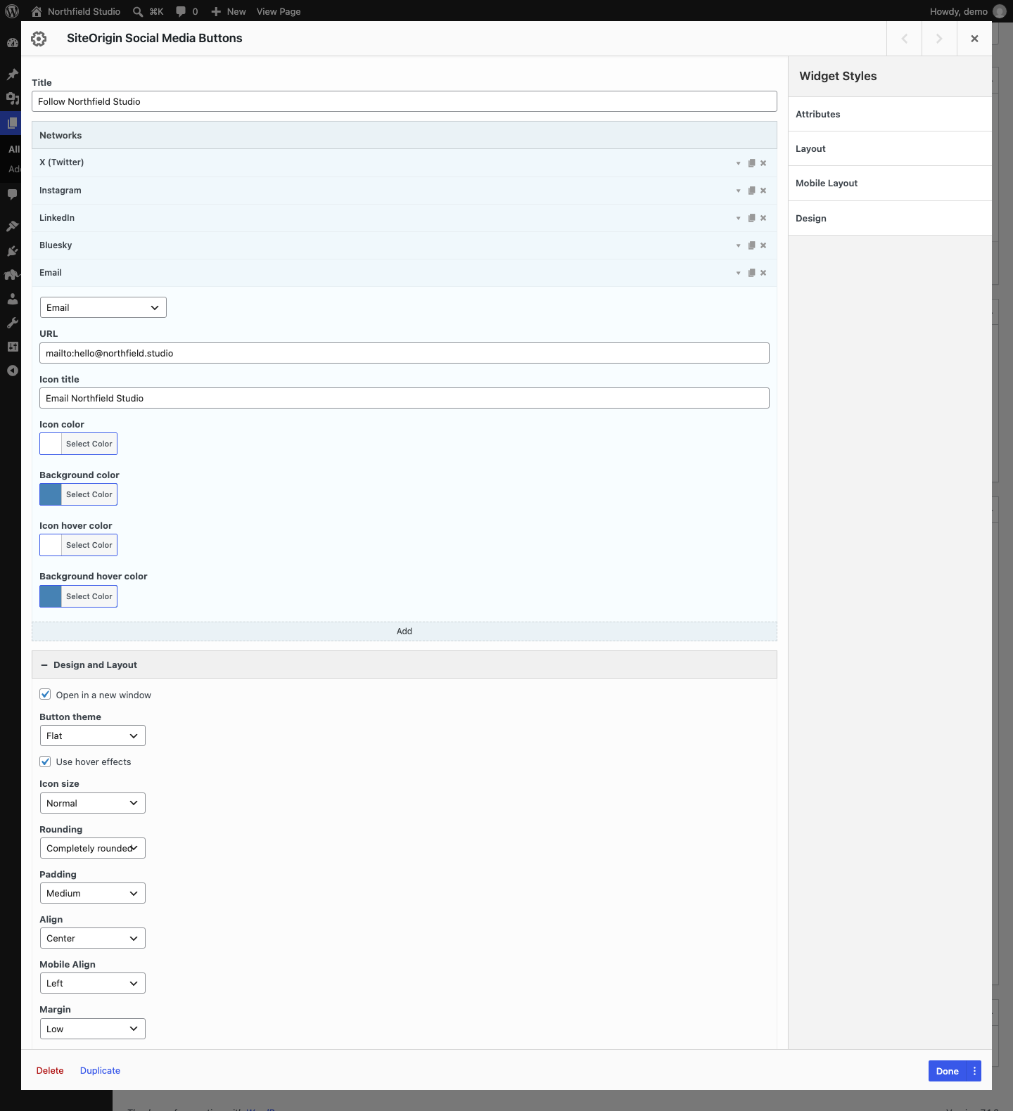 The Social Media Buttons widget form with the Networks repeater