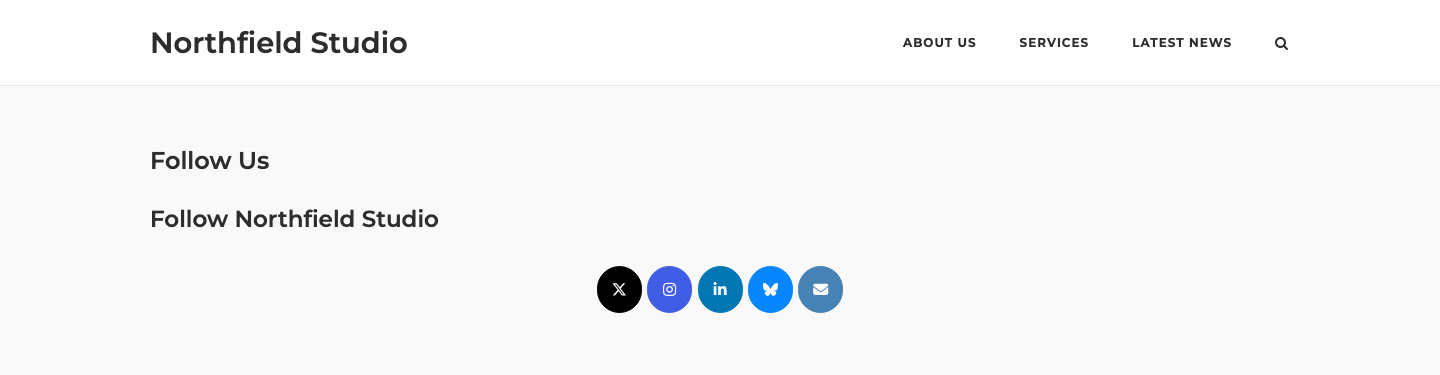 Five rounded social media buttons on the front end