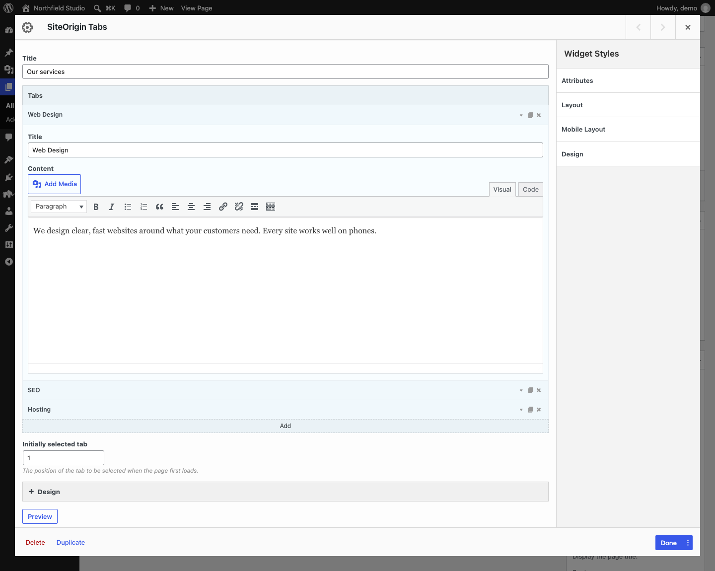 The Tabs widget form with the Tabs repeater