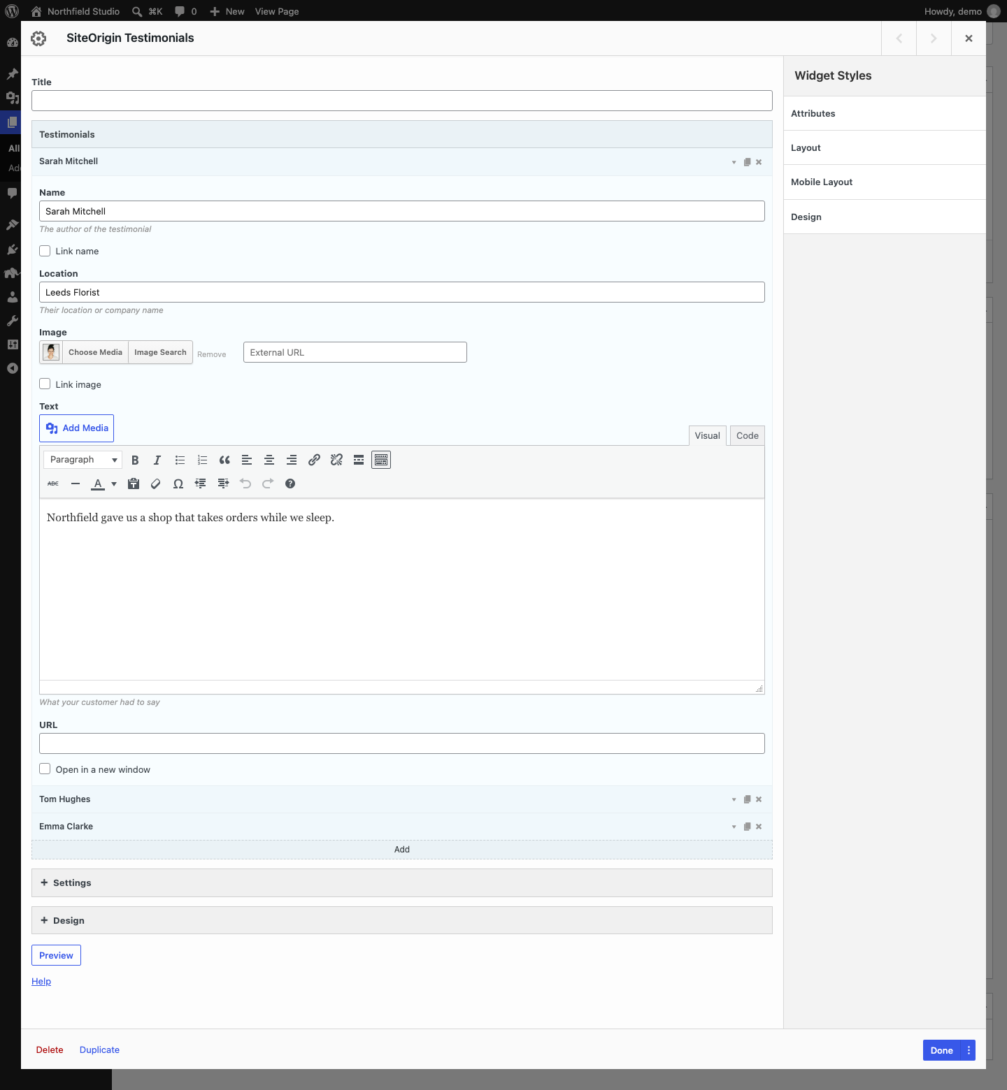 The Testimonials widget form with one testimonial open