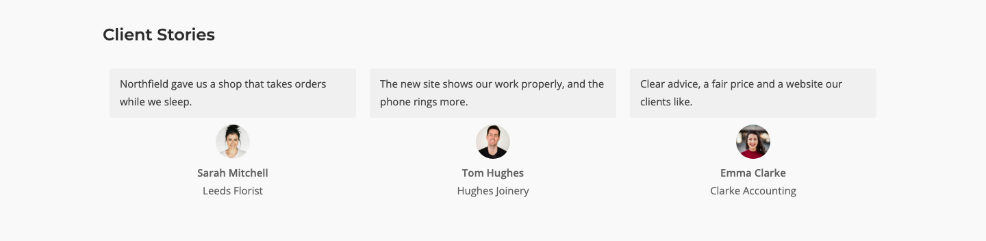 Three testimonials in a row on the front end