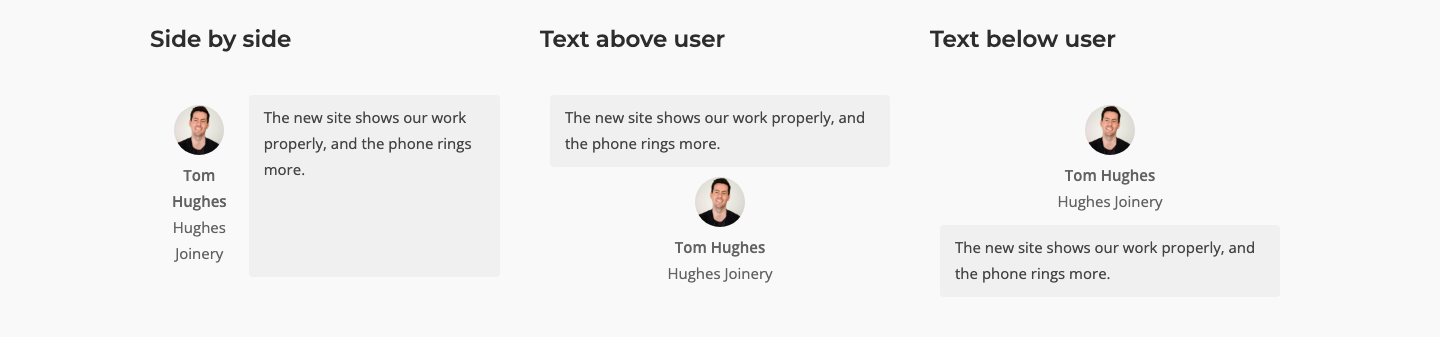 The three testimonial layouts side by side