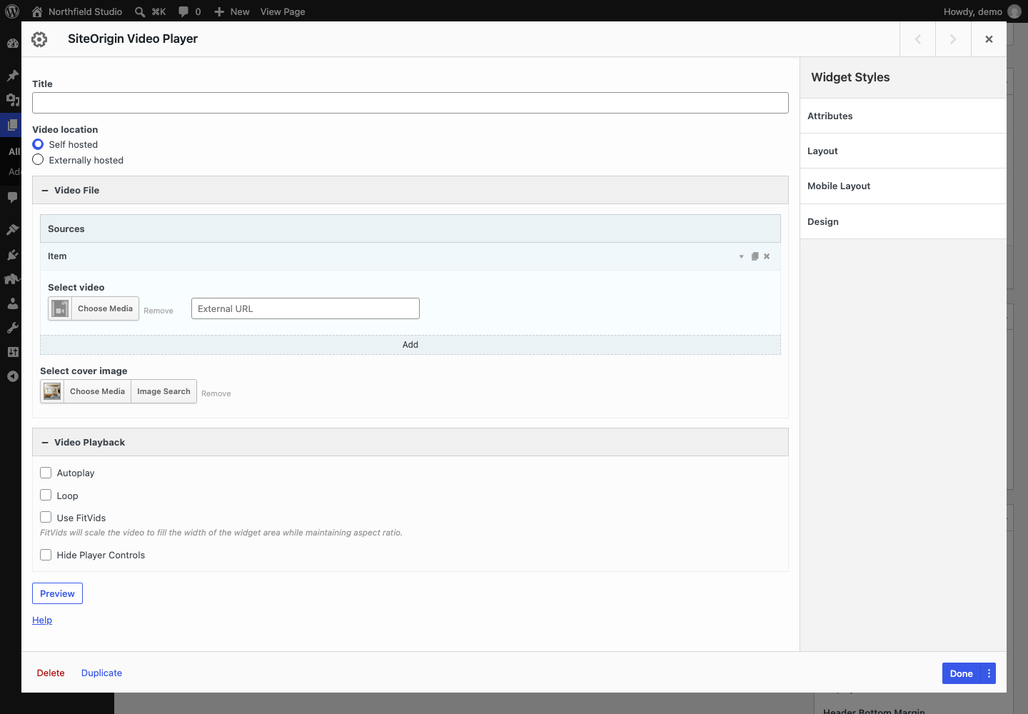 The Video Player widget form with a self-hosted video