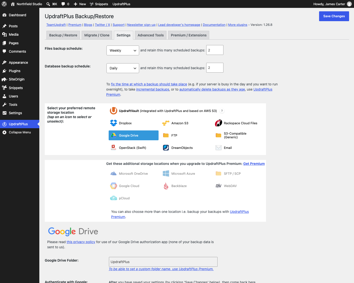 UpdraftPlus settings with weekly file backups, daily database backups and Google Drive selected