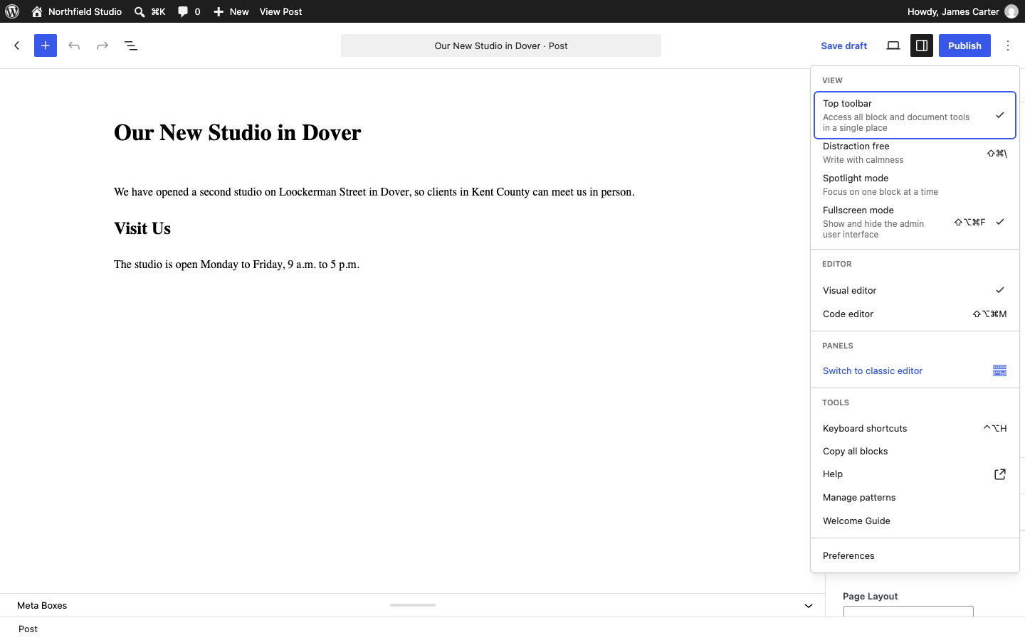 The block editor Options menu with Switch to classic editor