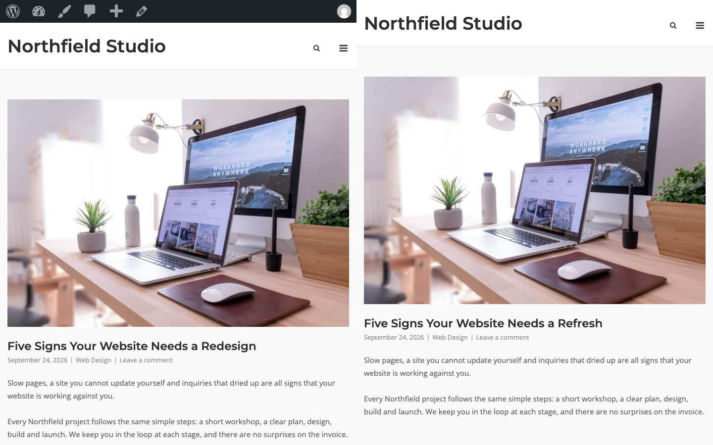 A logged-in window showing a new post title beside a private window still showing the old one