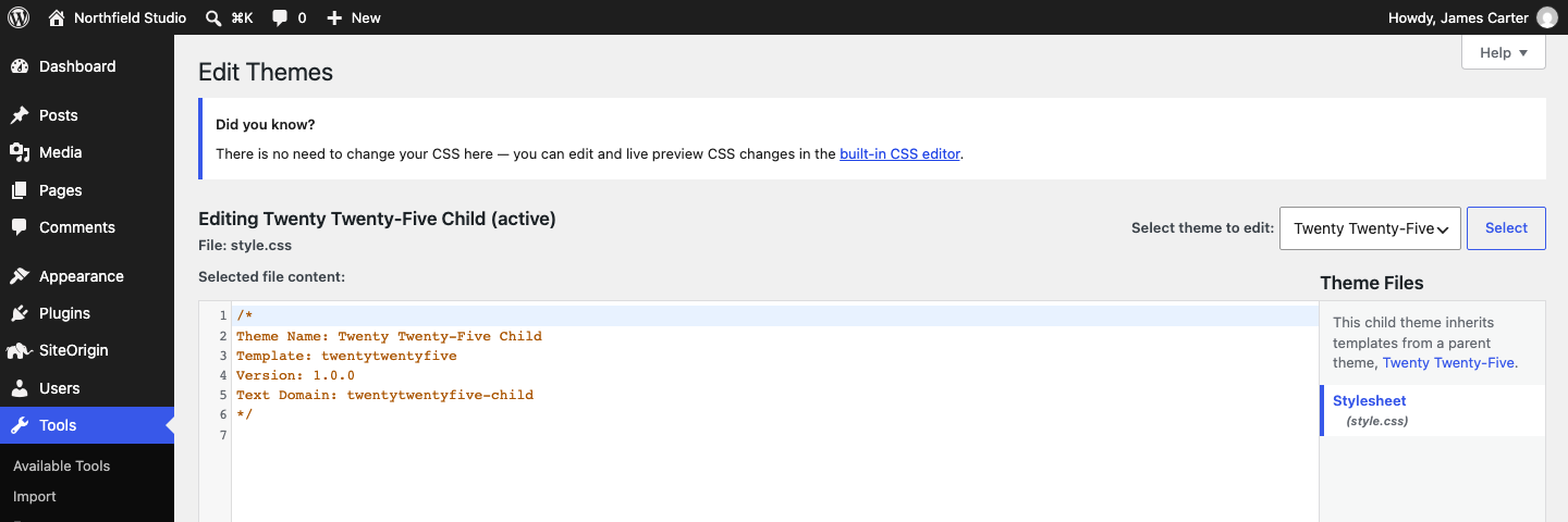 The child theme's style.css header in the Theme File Editor