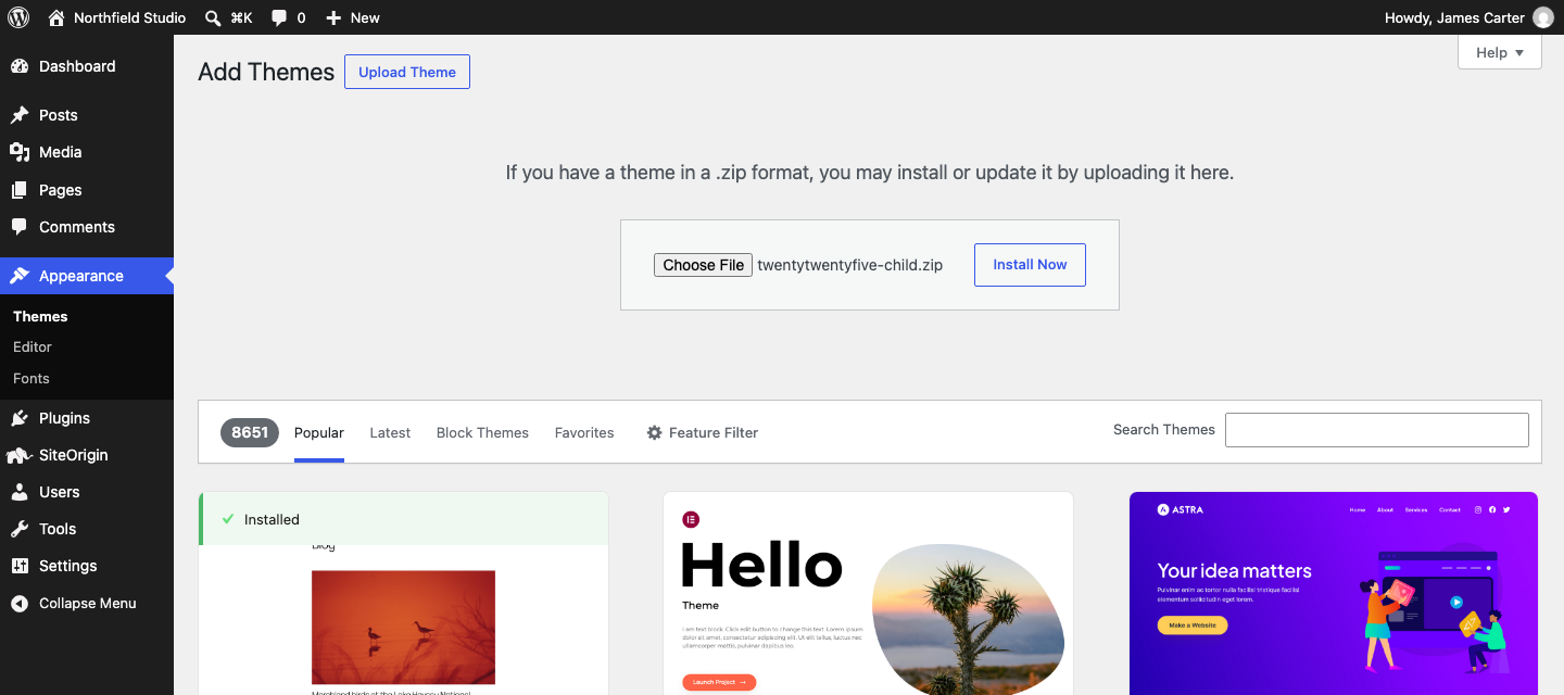 The Upload Theme panel with a child theme zip selected