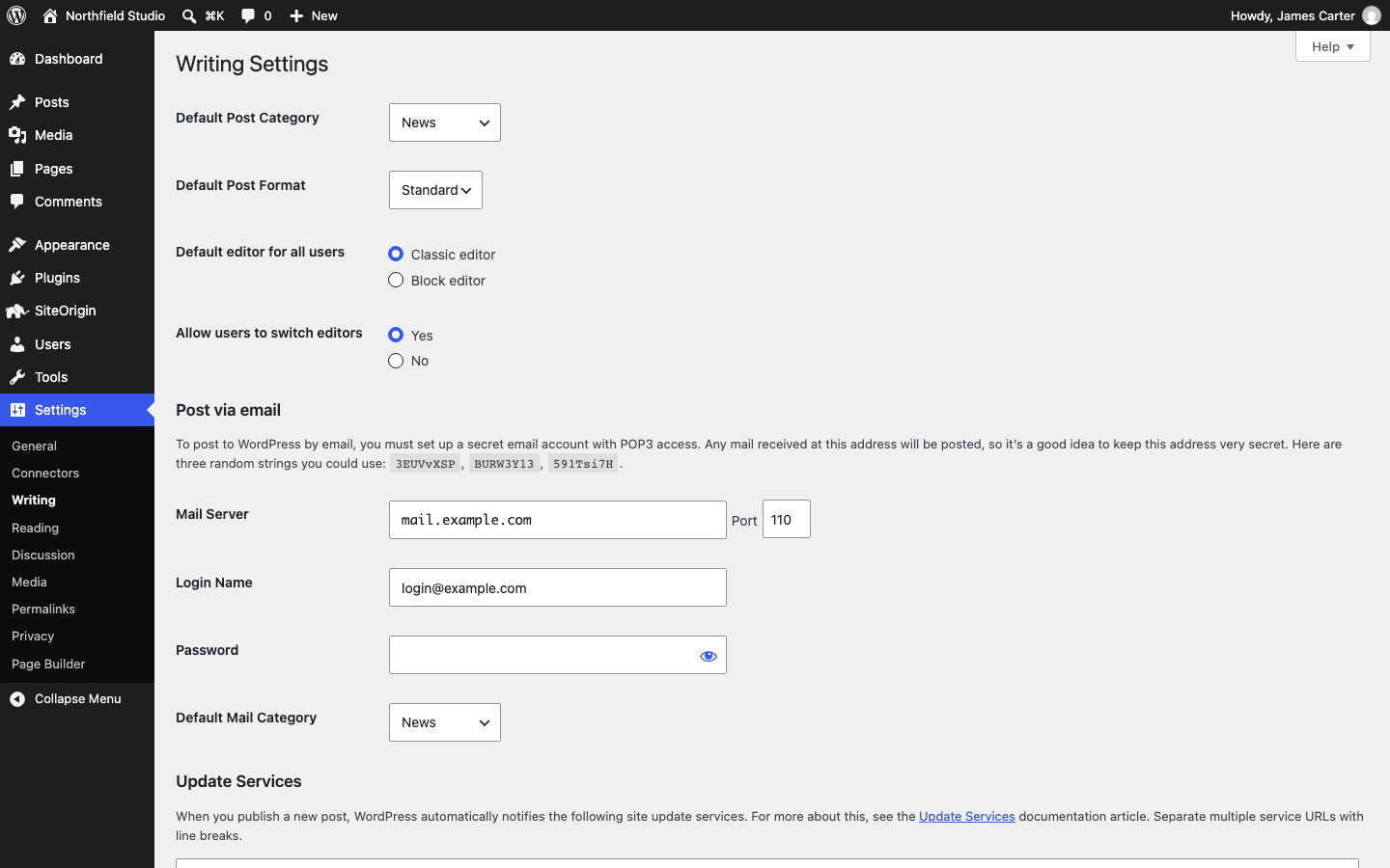 Classic Editor settings on the Writing Settings screen