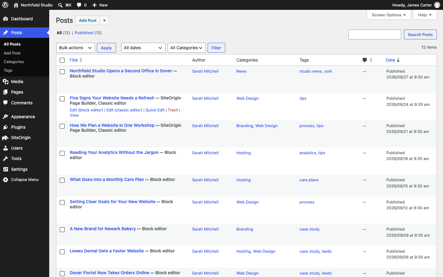 A post row with Edit (block editor) and Edit (classic editor) links