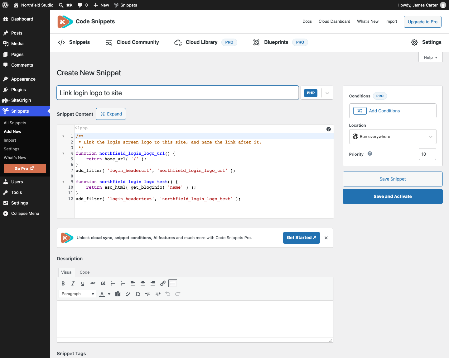 The Code Snippets editor with the example snippet, Run everywhere and Save and Activate