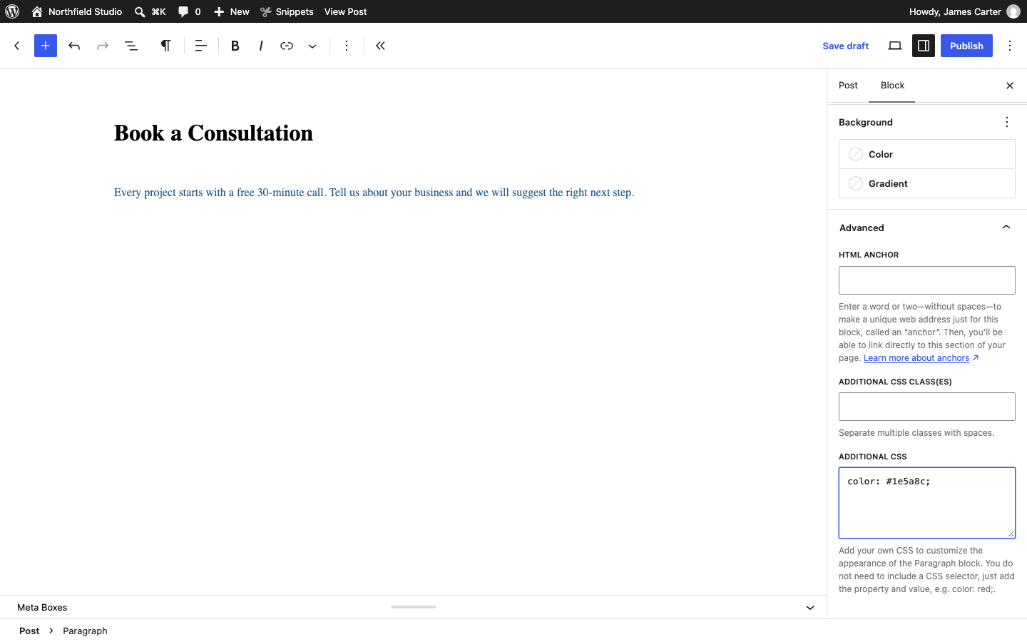 A Paragraph block with color: #1e5a8c; in its Additional CSS field