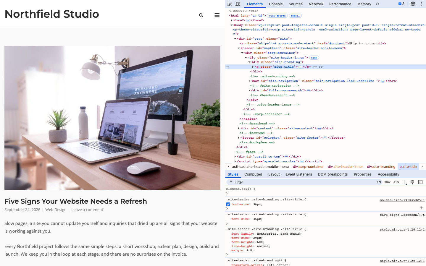 Chrome DevTools with the site title selected and its CSS rules in the Styles pane