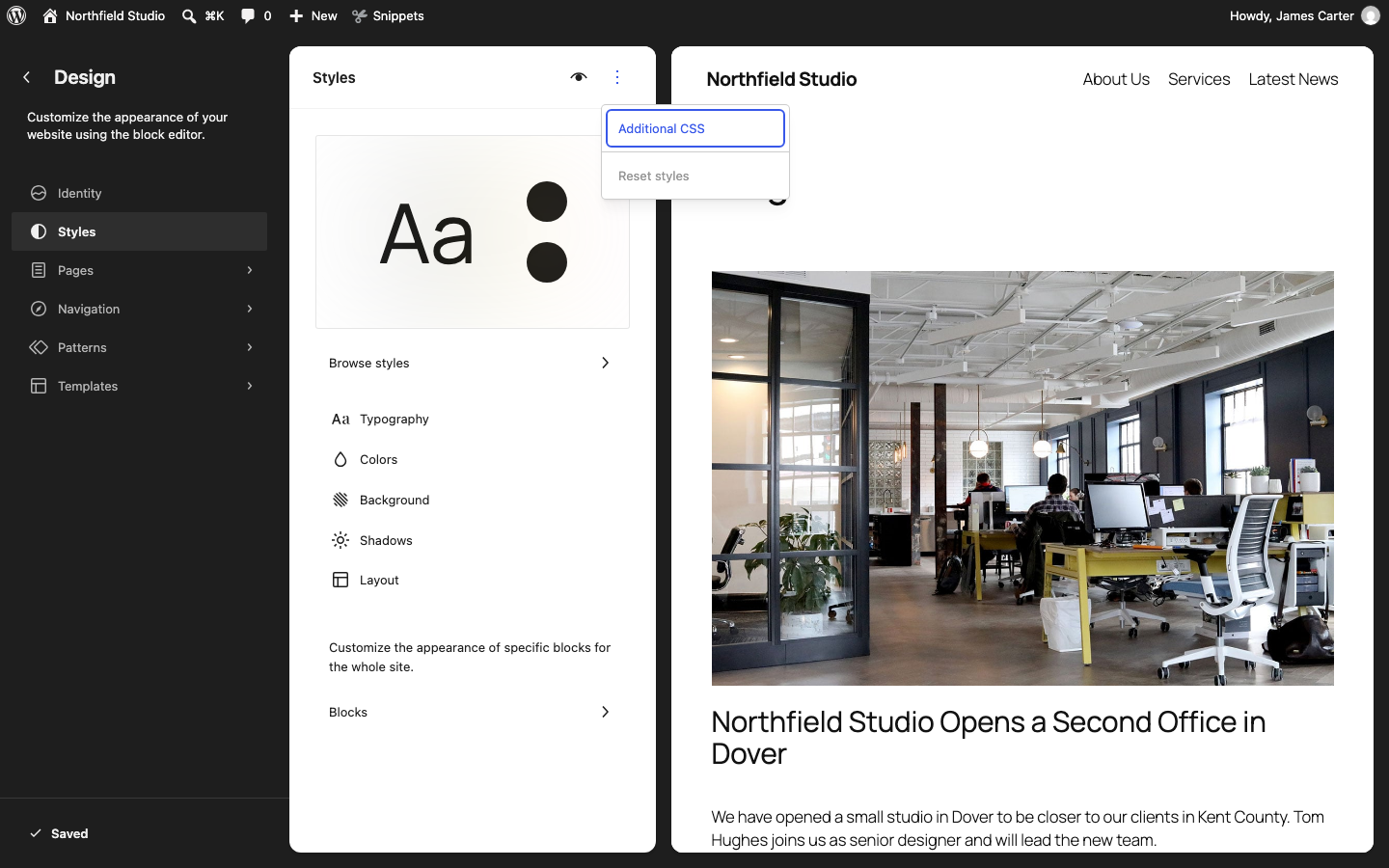 The Styles panel in the Site Editor with the More menu open on Additional CSS