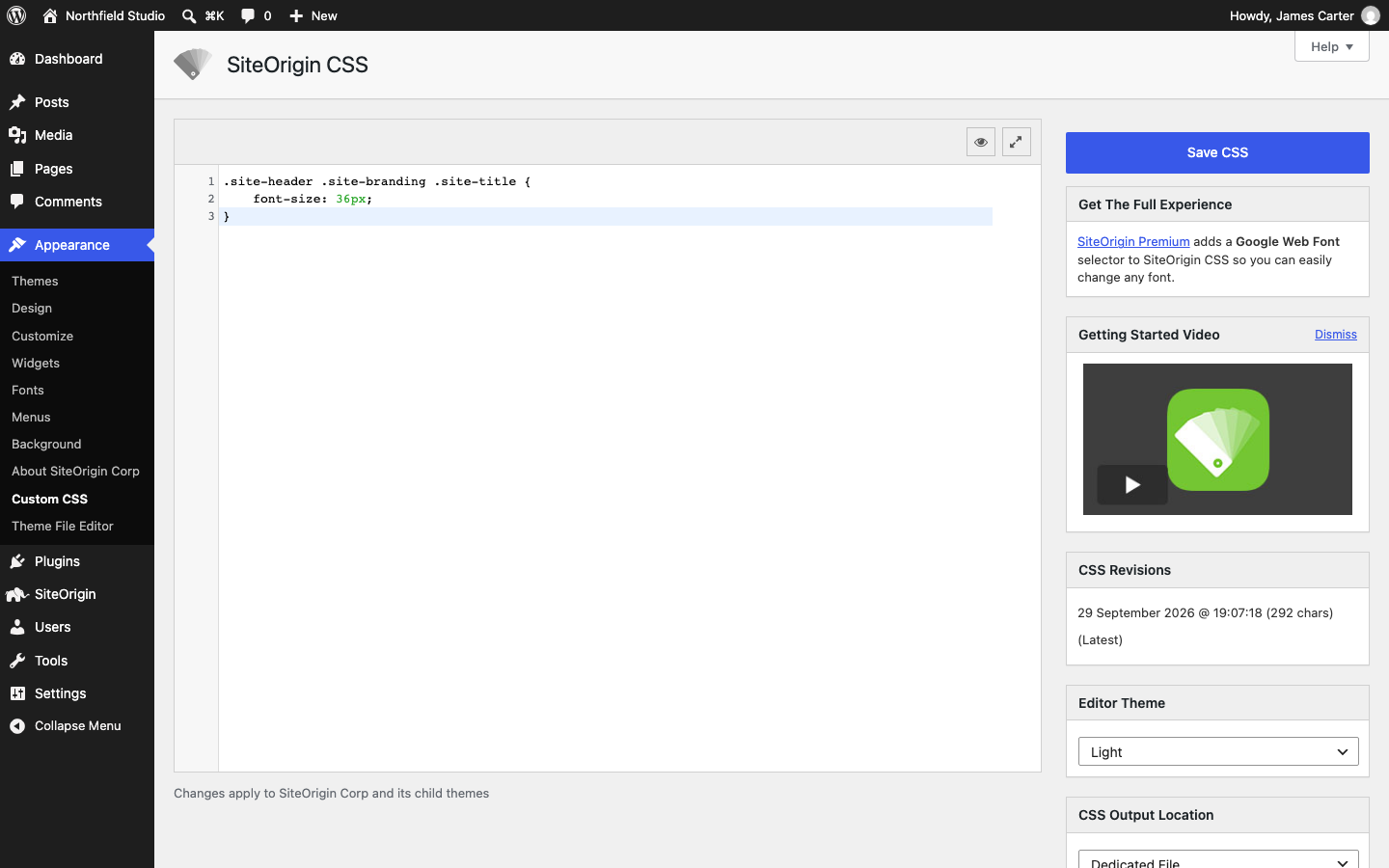 The SiteOrigin CSS editor at Appearance > Custom CSS with a rule that enlarges the site title