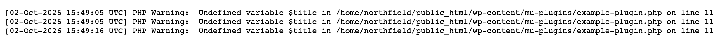 Three PHP warnings in debug.log, each with the date, error type, message, file and line