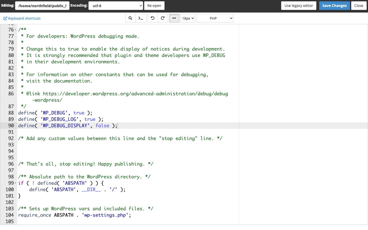 The three debug lines in wp-config.php in the cPanel file editor