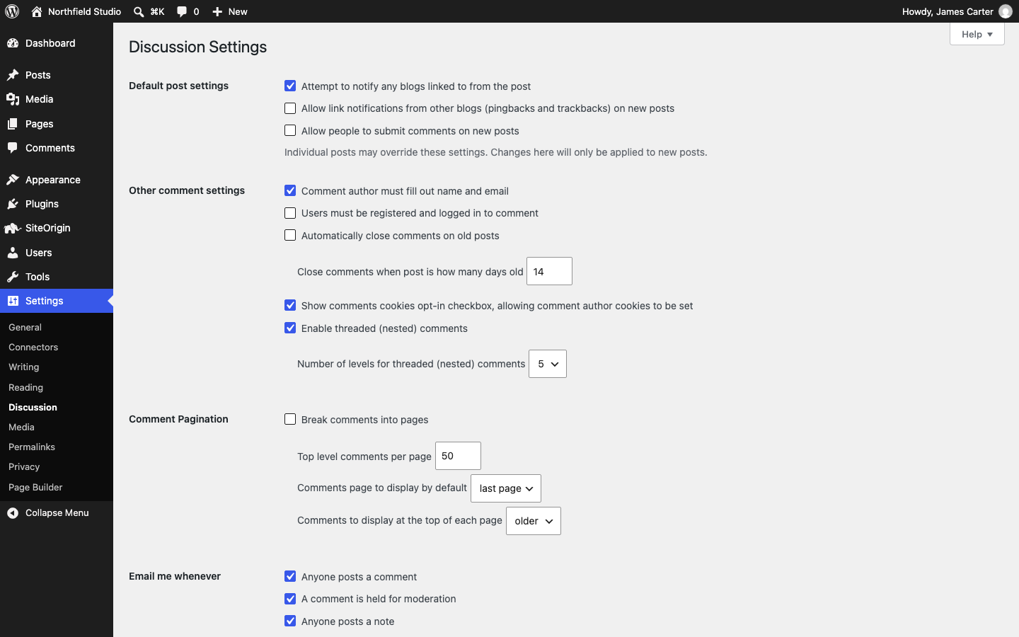 Discussion Settings with comments on new posts turned off