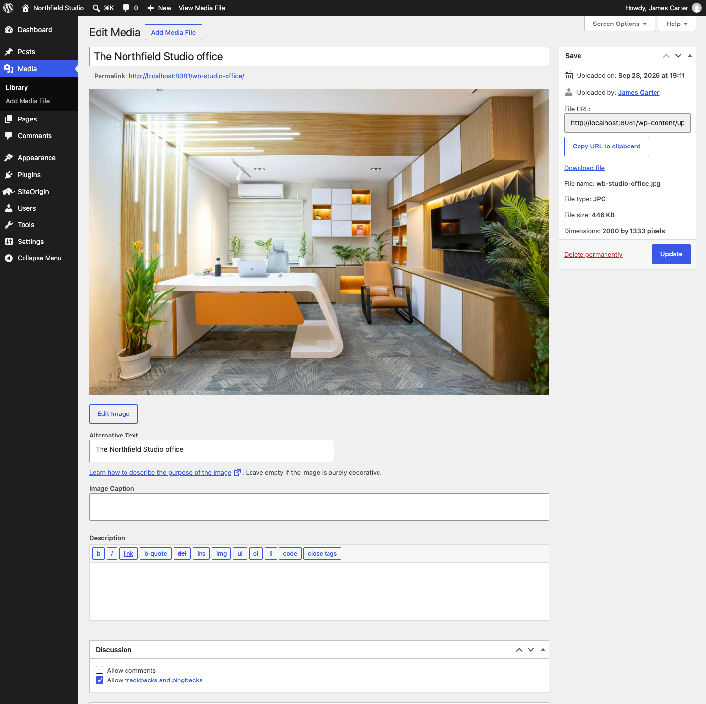 The Edit Media screen with Allow comments cleared