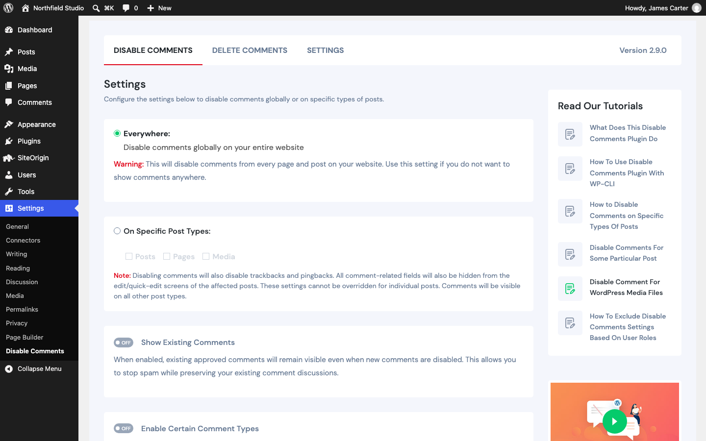 The Disable Comments plugin settings with Everywhere selected